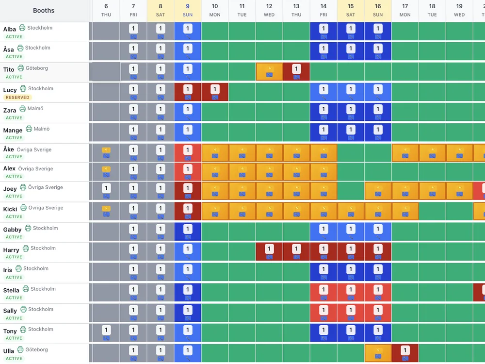Availability calendar: every booth against every date, taken days marked